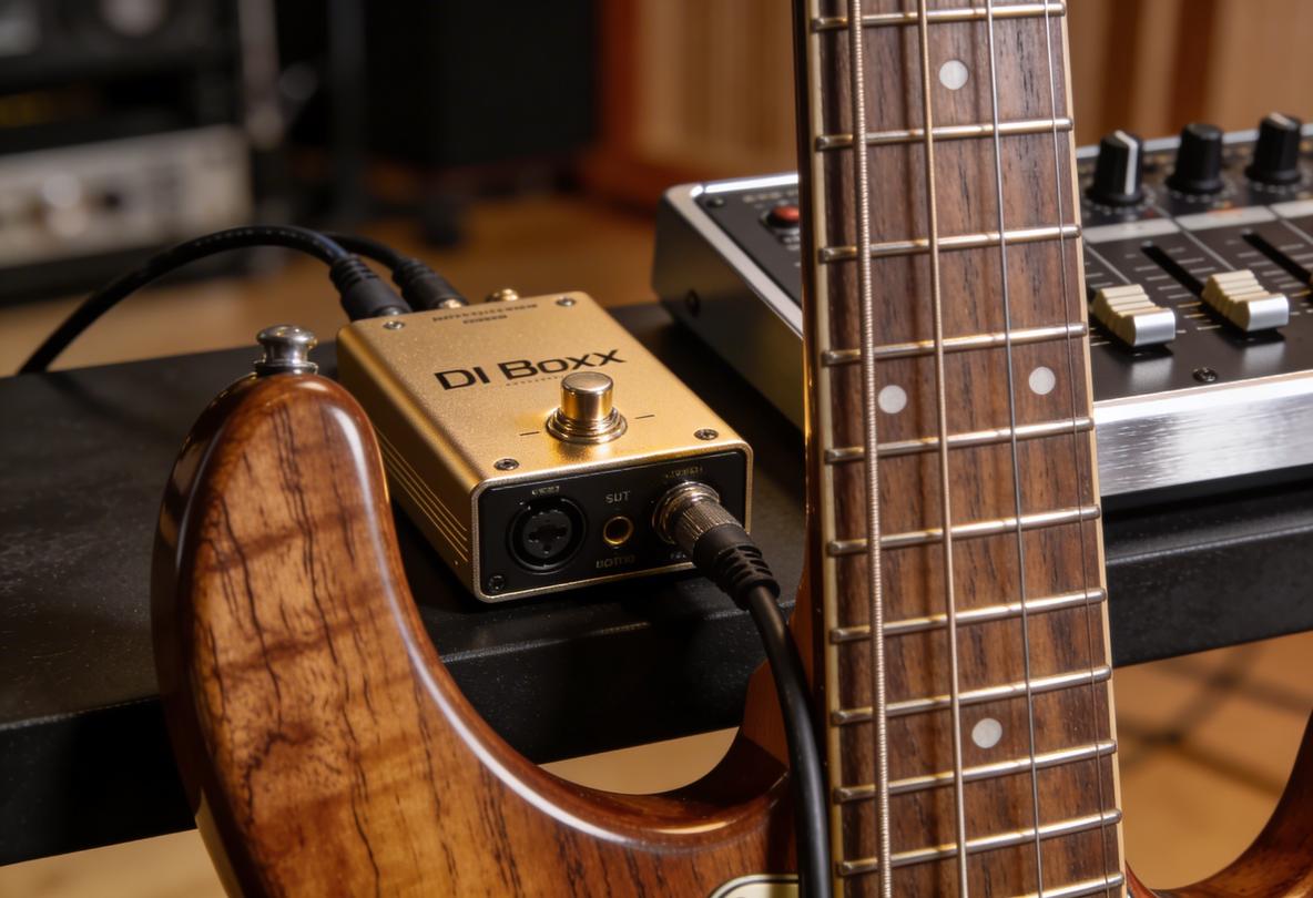 Nahaufnahme einer DI Box mit Bass und Aufnahmegerät.