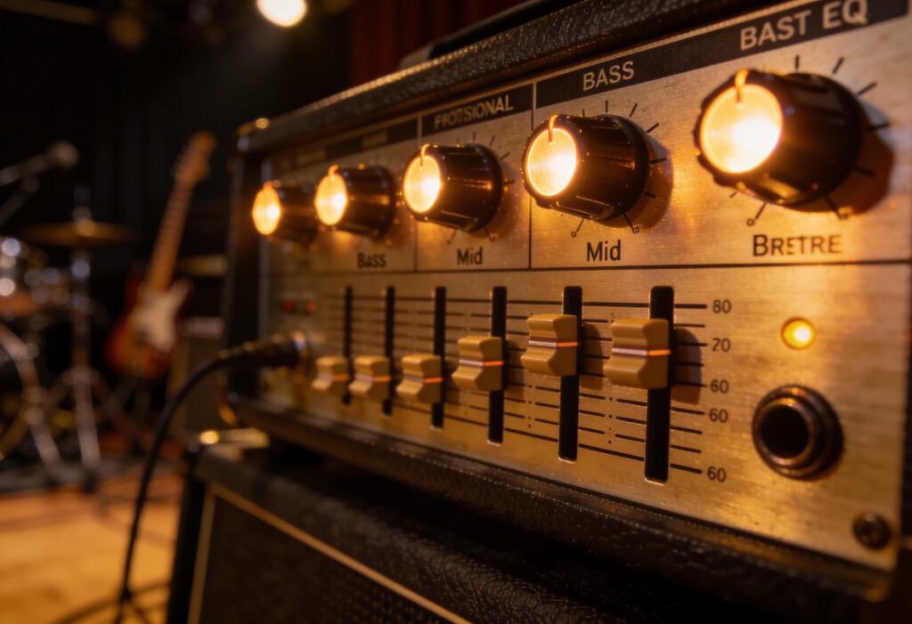Nahaufnahme eines Bassverstärkers mit Reglern für Bass und Mid