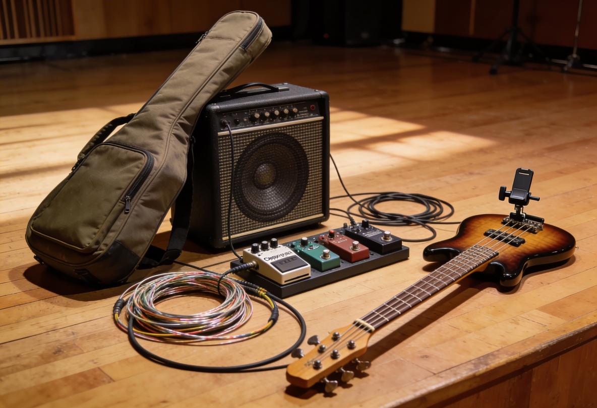 Bassgitarre, Verstärker und Effektpedale auf einem Holzfußboden