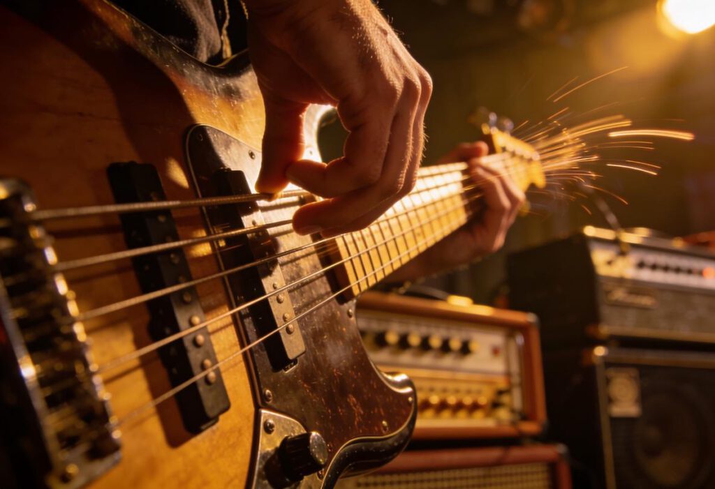 Nahaufnahme eines Bassisten, der mit einem Plektrum die Saiten zupft und Funken sprühen lässt