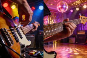 Ein Bassist spielt auf der Bühne mit bunten Lichtern.