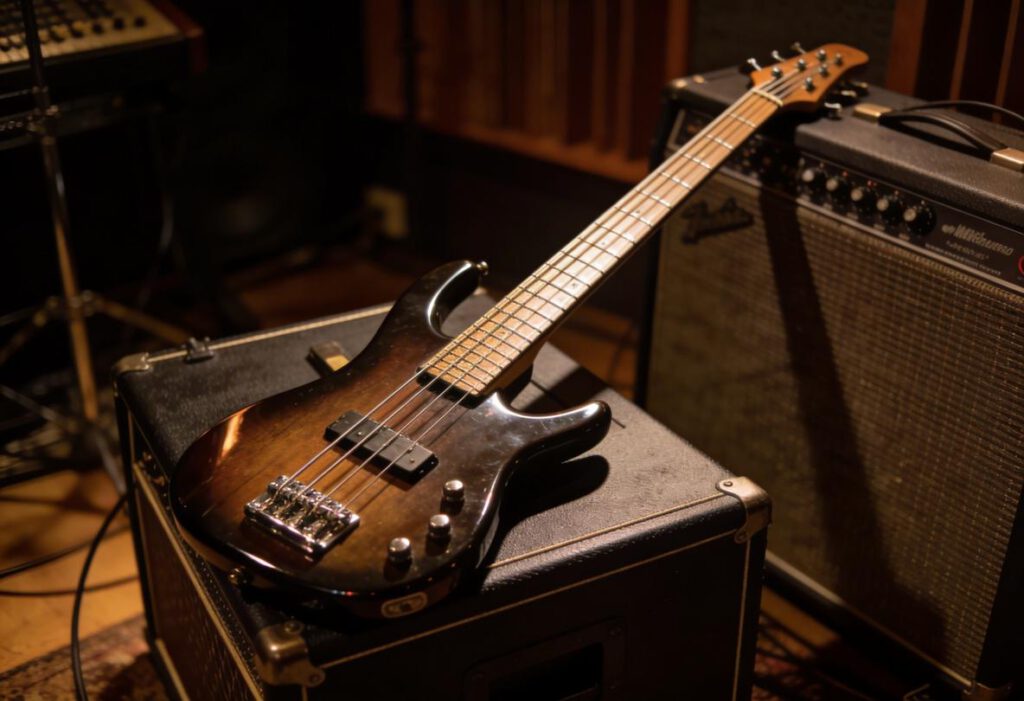 Nahaufnahme einer Bassgitarre auf einem Verstärker in einem Studio