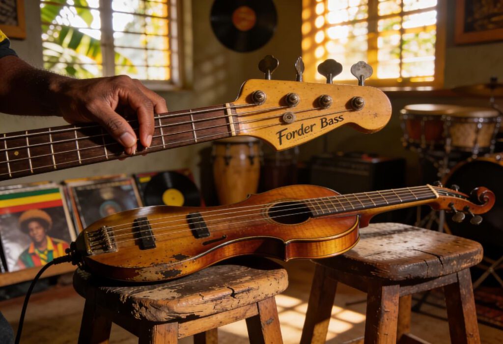 Nahaufnahme einer Fender-Bassgitarre und einer Violine auf Holzstühlen.