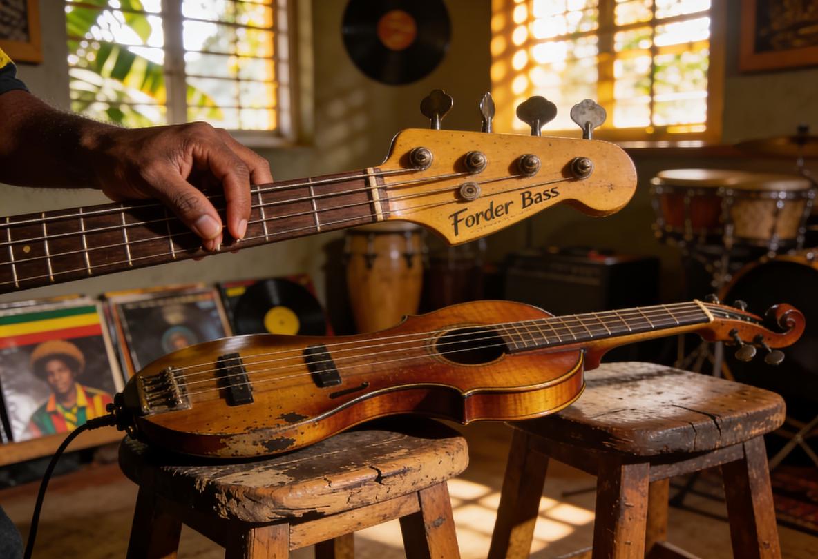 Nahaufnahme einer Fender-Bassgitarre und einer Violine auf Holzstühlen.