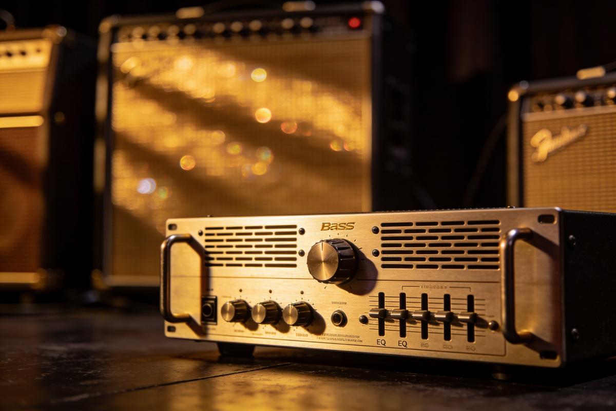 Detailaufnahme eines Bassverstärkers mit Bedienelementen