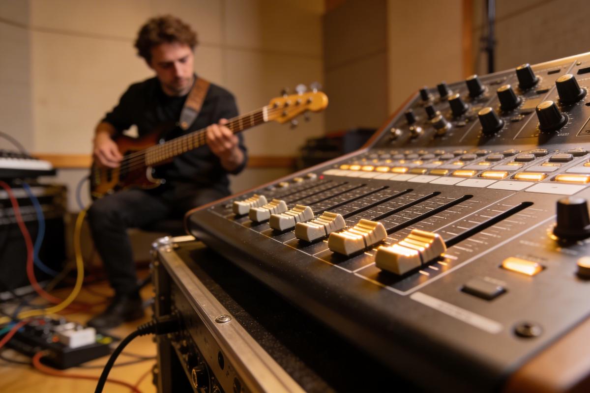 Ein Bassist spielt in einem Tonstudio. Im Vordergrund ist ein Mischpult mit Reglern zu sehen.