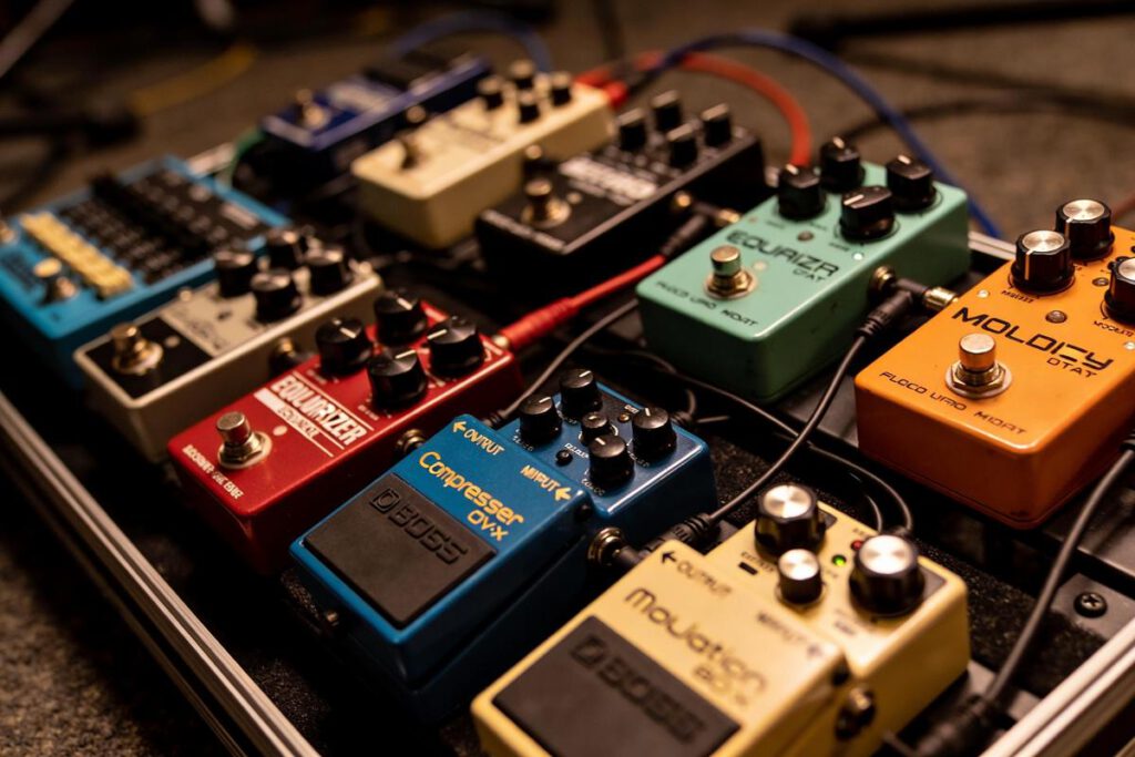 Nahaufnahme von mehreren Effektpedalen für Bassgitarre