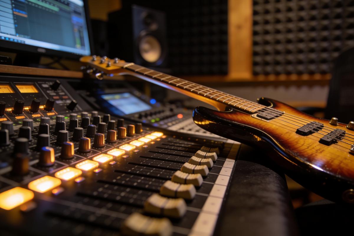 Ein Bass und Mischpult in einem Aufnahmestudio