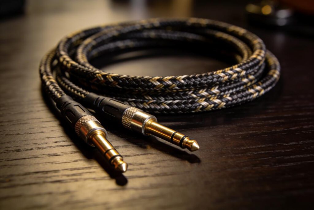 Nahaufnahme eines hochwertigen Klinkenkabels mit zwei Anschlusssteckern, auf einem dunklen Holztisch