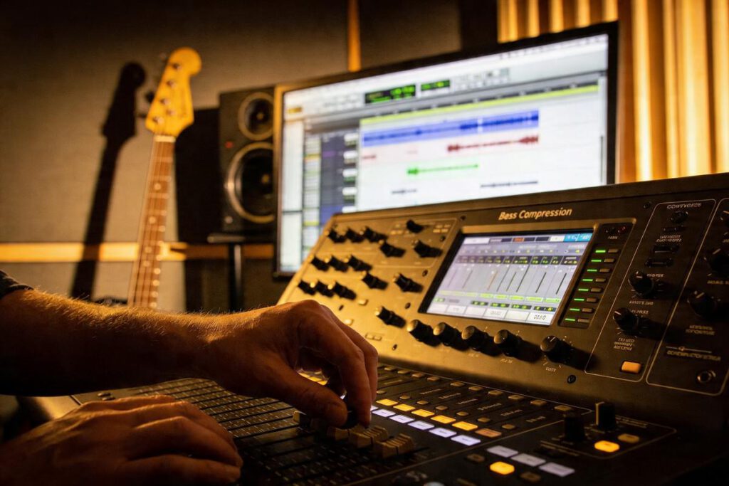 Ein Musiker justiert die Bass-Kompression auf einem Mischpult im Studio.