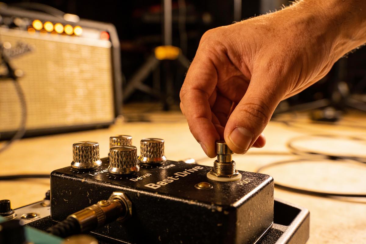 Hand eines Bassisten, die den Regler eines Effektpedals dreht