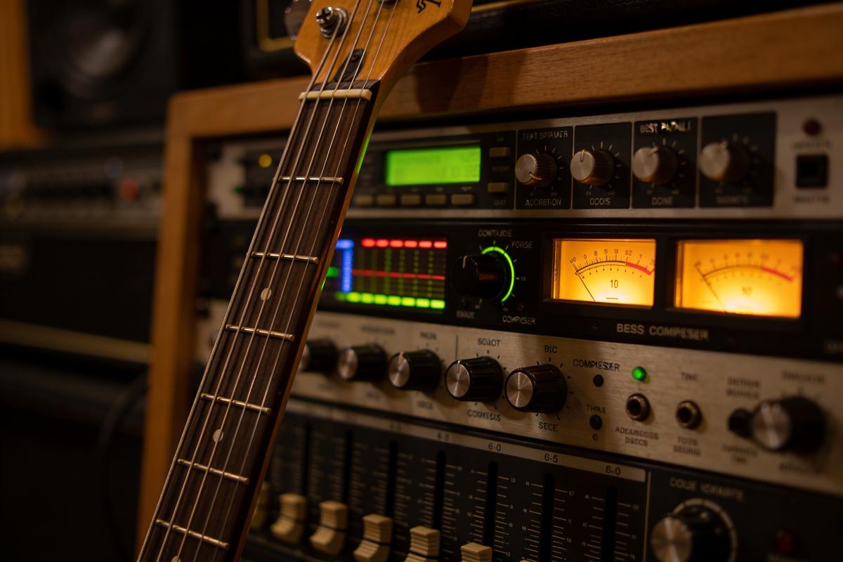 Nahaufnahme einer Bassgitarre und Audioequipment im Tonstudio.