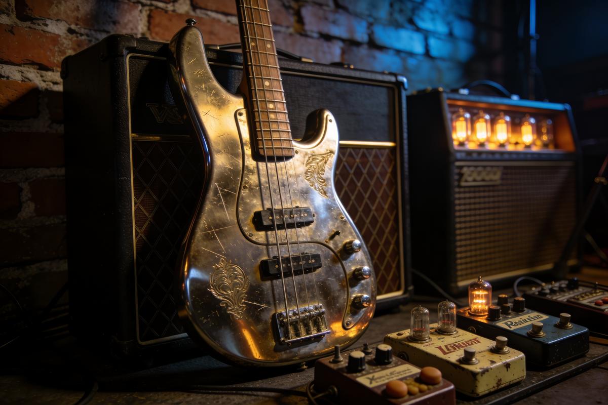 Ein glänzender E-Bass aus Metall steht vor einem Verstärker