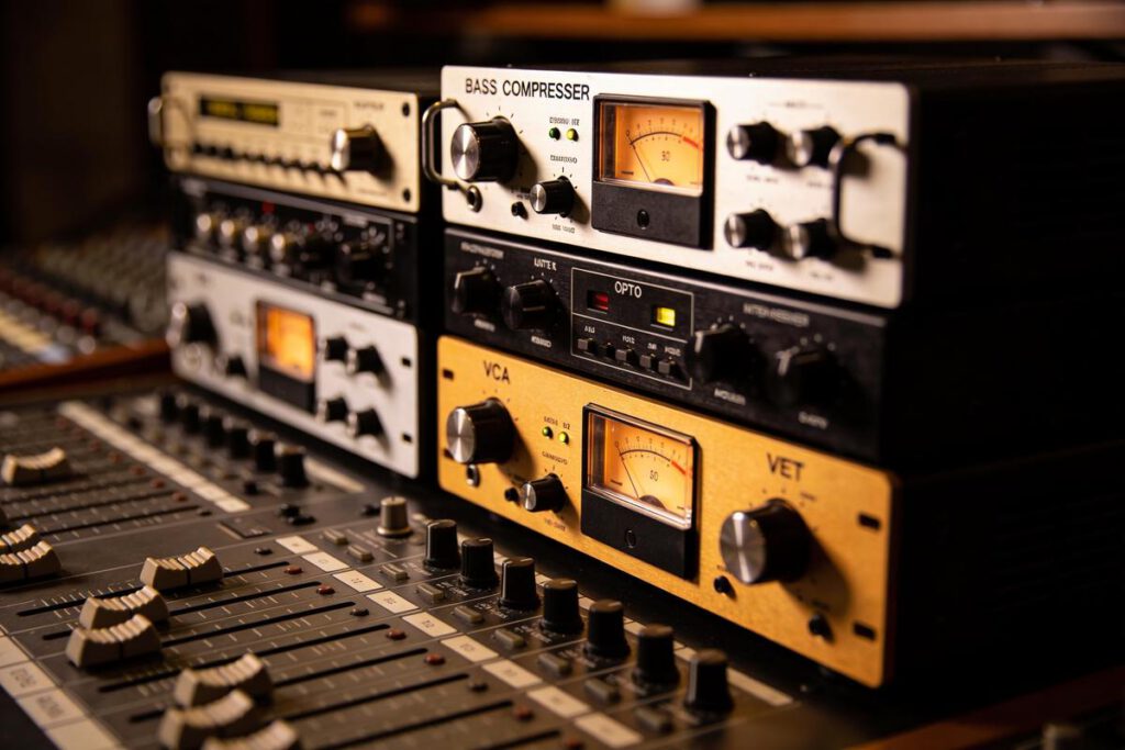 Nahaufnahme von verschiedenen Basskompressoren in einem Studio