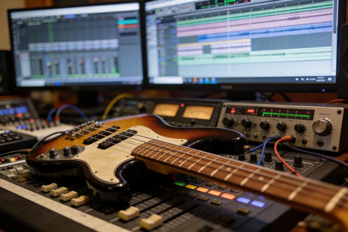 Eine E-Bassgitarre auf einem Mischpult davor zwei Computerbildschirme mit Musiksoftware.