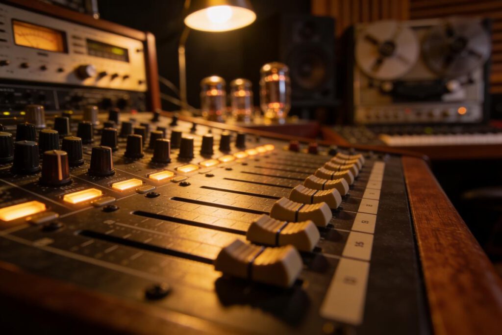 Nahaufnahme eines Mischpultes mit Reglern und Lichtern in einem Tonstudio