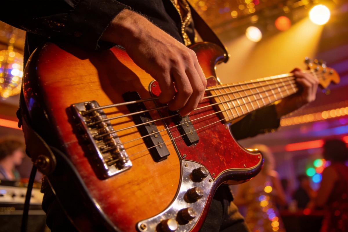 Ein Musiker spielt einen E-Bass auf einer Bühne
