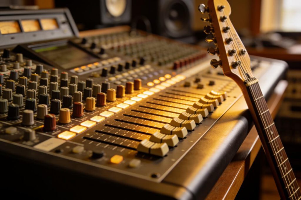 Nahaufnahme einer Mixing Konsole mit Reglern und Gitarre