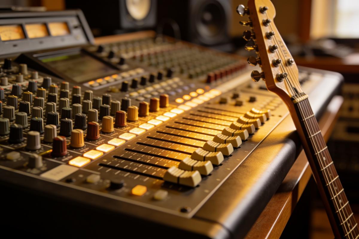 Nahaufnahme einer Mixing Konsole mit Reglern und Gitarre
