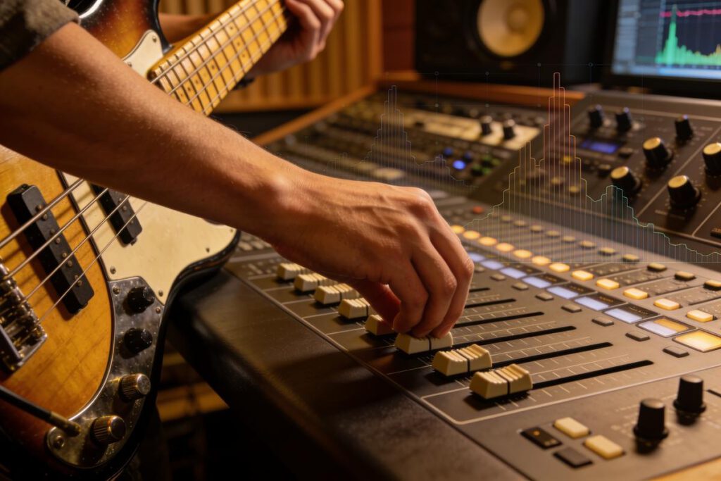 Ein Bassist justiert Regler an einem Mischpult im Tonstudio, mit einem Bass in der Hand.