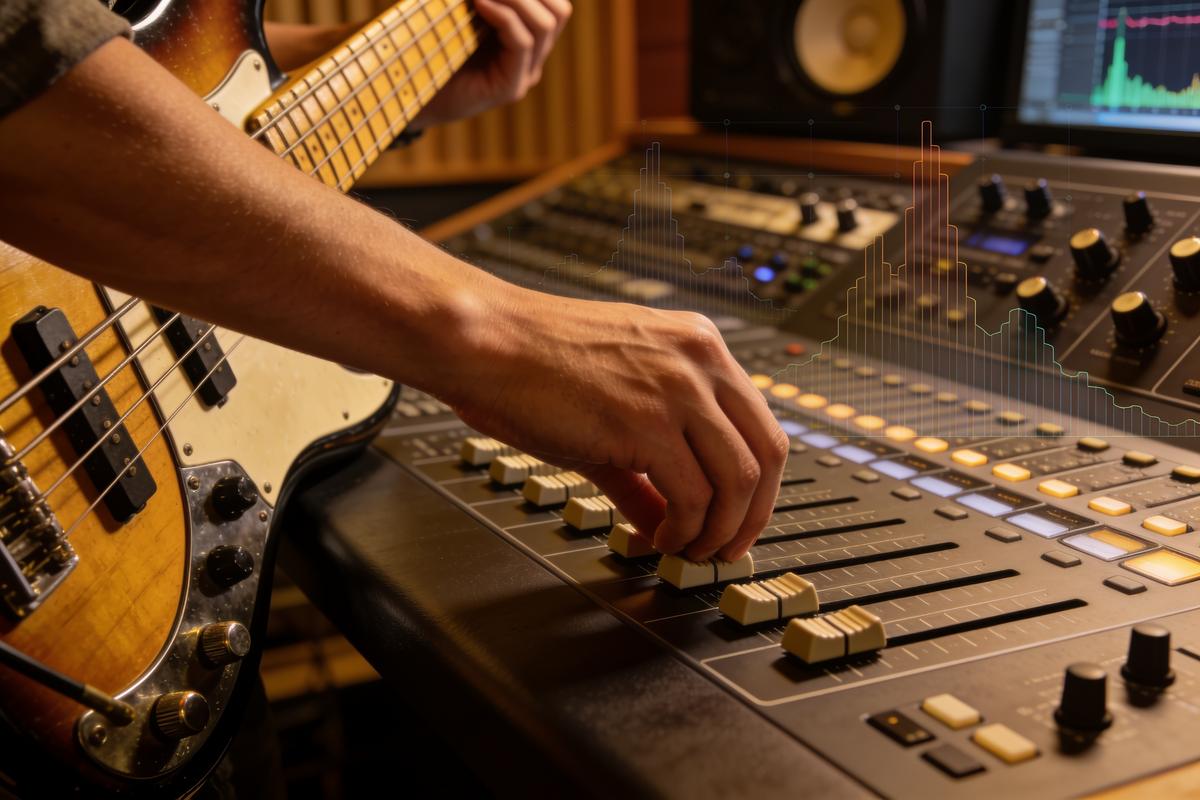 Ein Bassist justiert Regler an einem Mischpult im Tonstudio, mit einem Bass in der Hand.