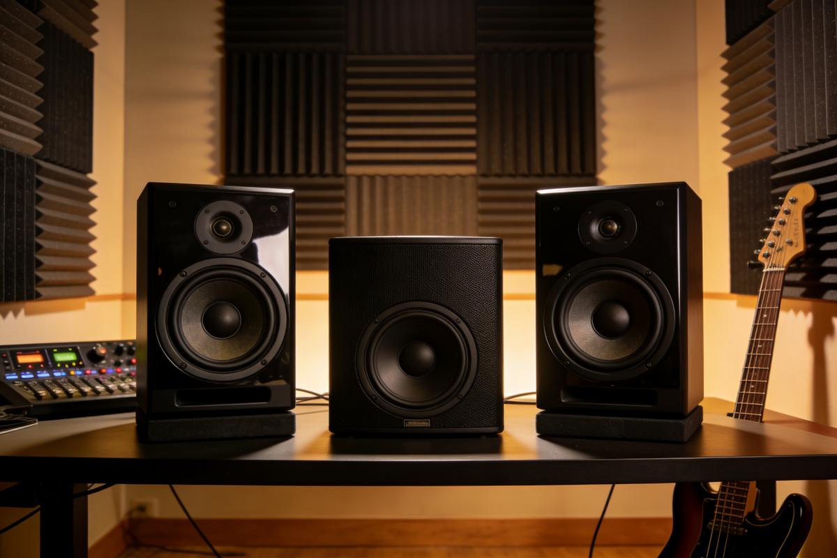 Zwei schwarze Lautsprecher und ein Subwoofer auf einem Tisch in einem Studio mit Akustikpaneelen.