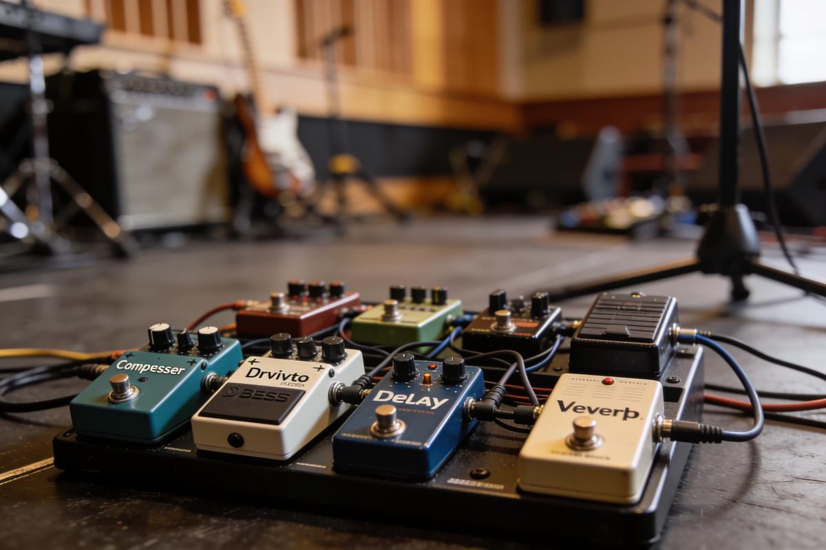 Eine Auswahl von Effektpedalen für Bassgitarre auf einem Pedalboard