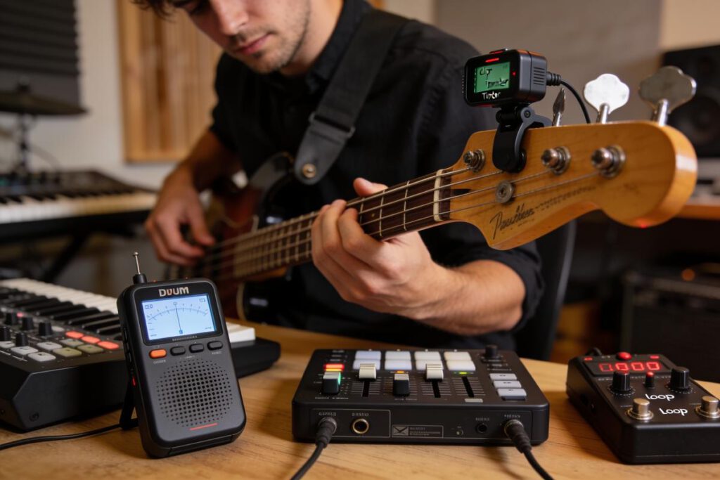 Ein Bassist spielt auf einer E-Gitarre mit verschiedenen Geräten auf dem Tisch.