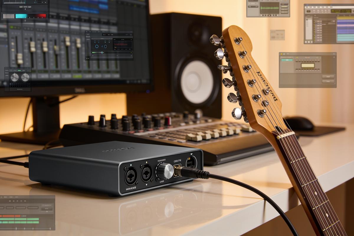 Ein Audio-Interface auf einem Schreibtisch mit einem Computer und einer E-Gitarre im Hintergrund