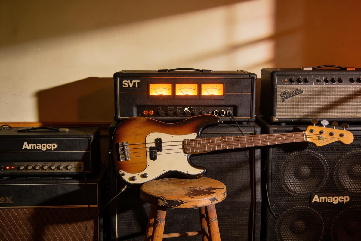 Elektonischer Bass auf Hocker vor Ampeg Verstärkern