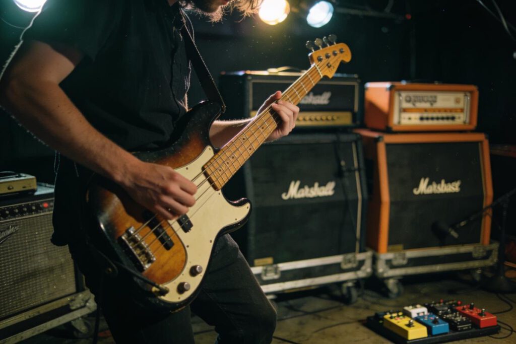 Ein Bassist spielt live auf einer Bühne, umgeben von Verstärkern.