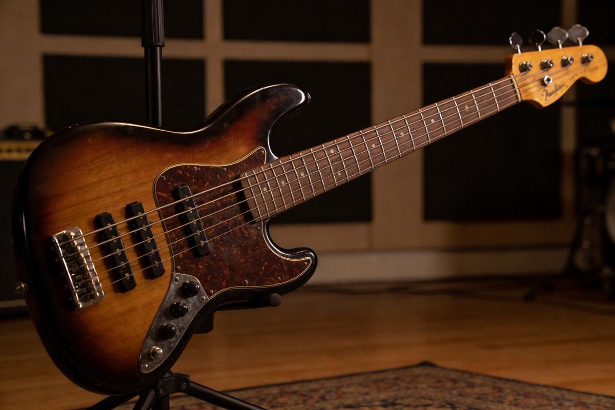 Nahaufnahme eines eleganten E-Basses auf einem Ständer im Studio
