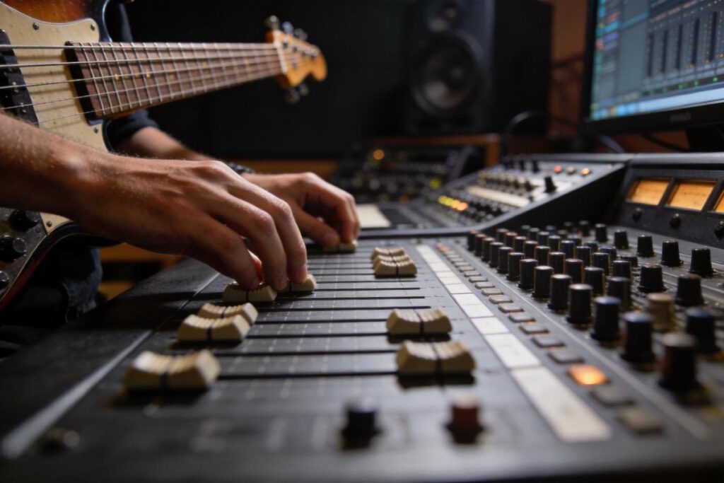 Ein Bassist spielt an einem Mischpult in einem Studio.