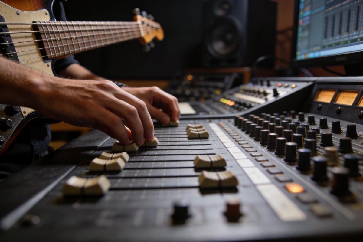 Ein Bassist spielt an einem Mischpult in einem Studio.