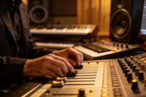 Ein Musiker justiert Mixer-Regler in einem Tonstudio