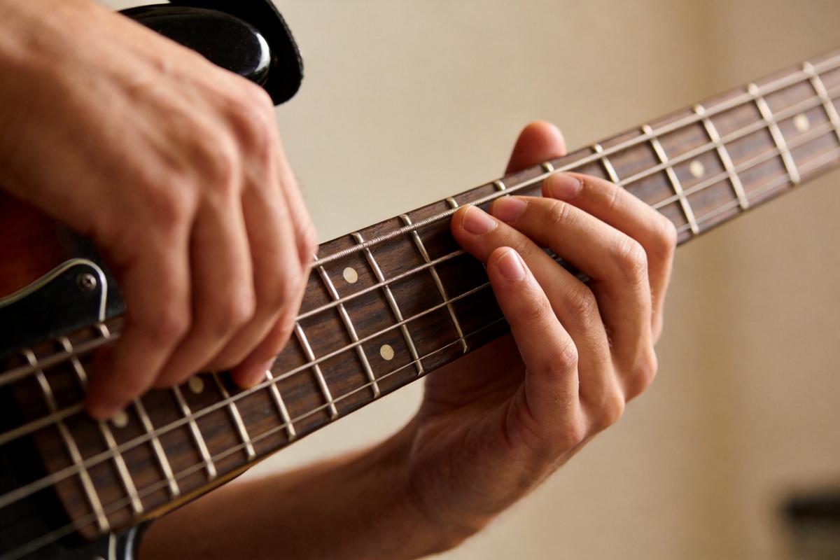 Nahaufnahme von Händen, die Saiten eines Basses spielen
