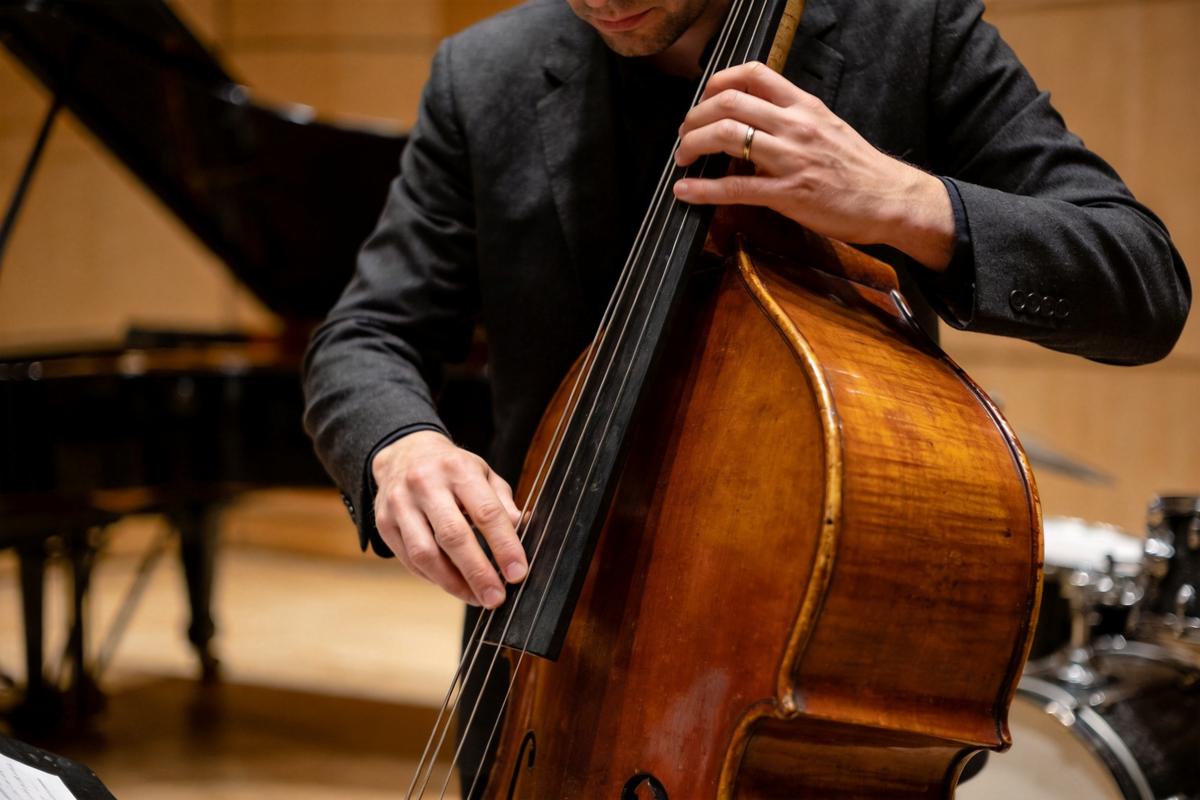 Ein Musiker spielt einen Kontrabass mit beiden Händen, im Hintergrund ein Klavier.