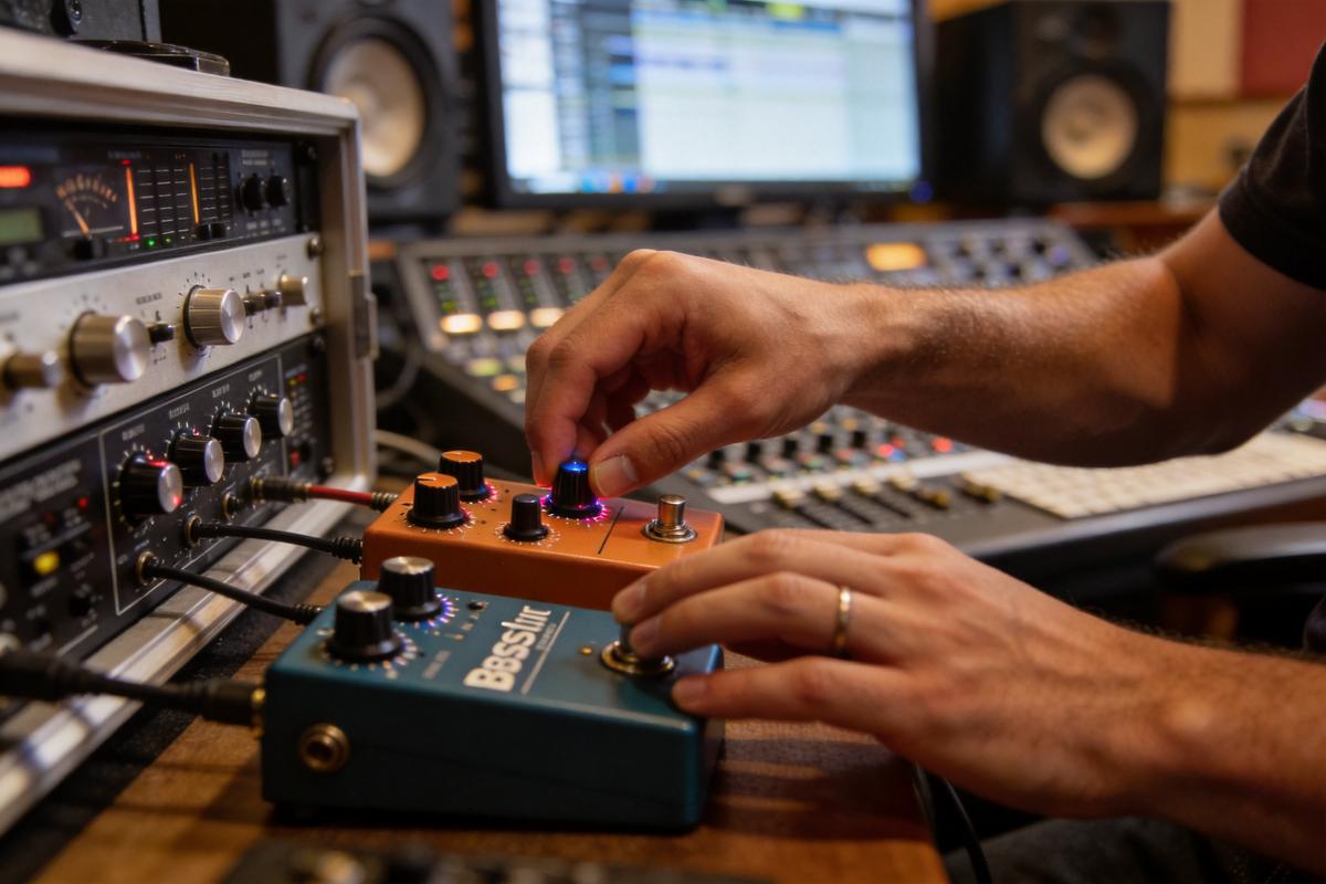 Nahaufnahme von zwei Effektgeräten für Bassisten in einem Tonstudio.