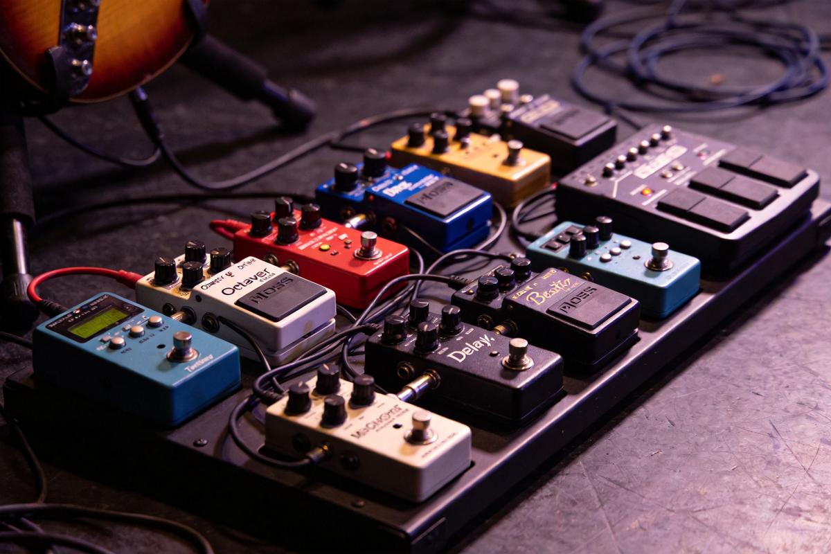 Viele Effektpedale für Bassisten auf einem Pedalboard, verschiedene Farben und Funktionen