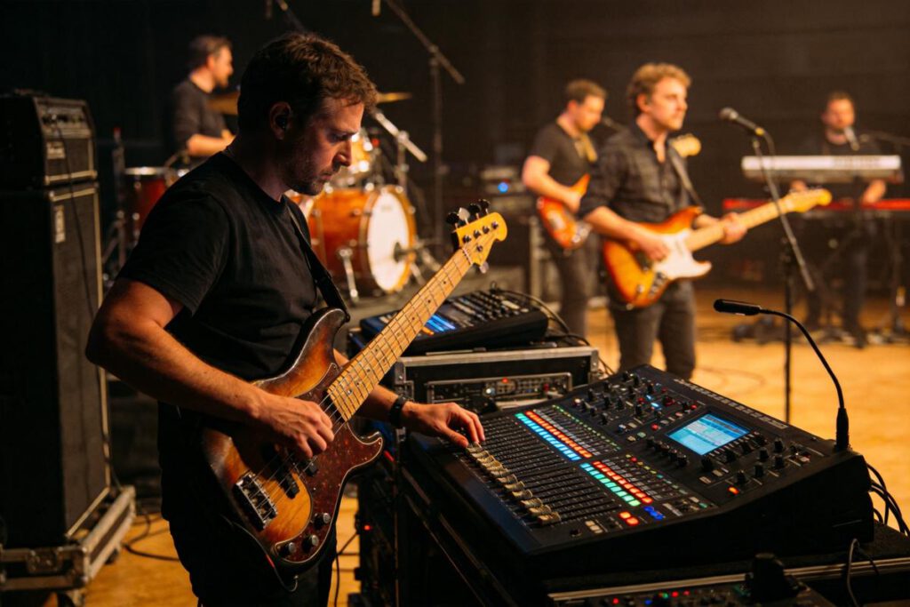 Bassist mit E-Bass, am Mischpult im Hintergrund Bandmitglieder