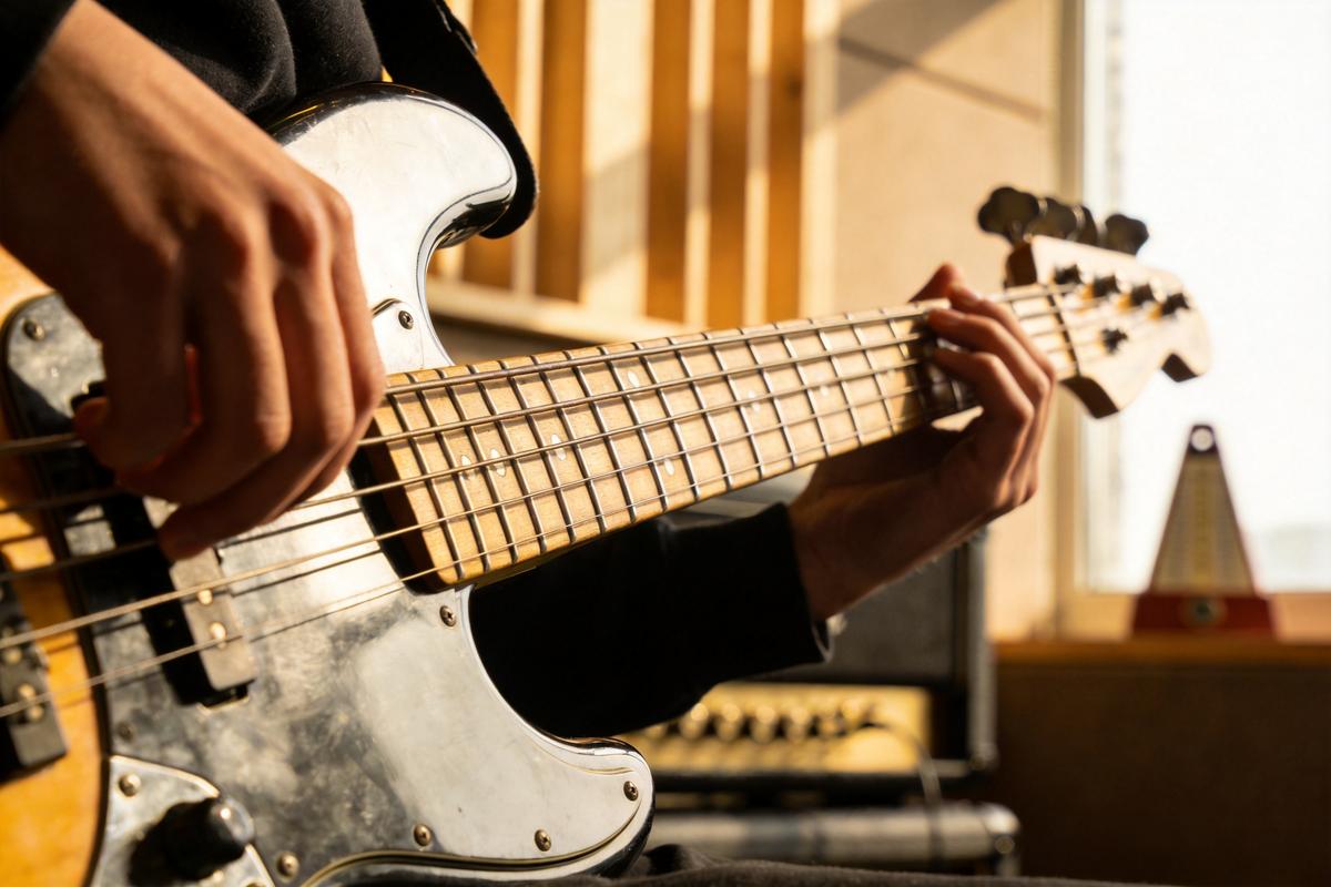 Hand eines Bassisten, die eine E-Gitarre spielt.