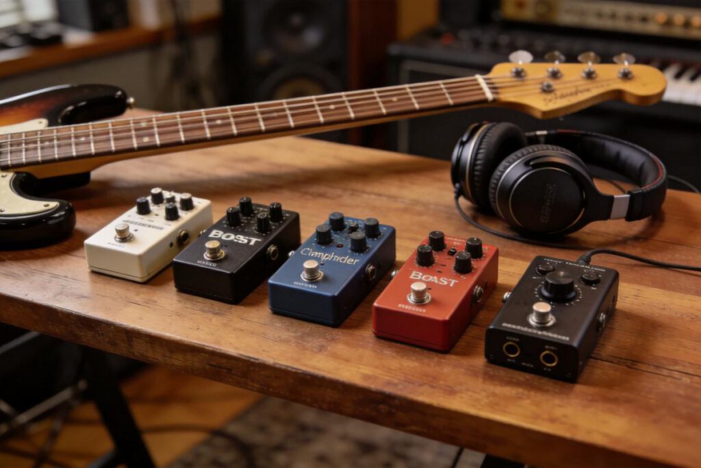 Eine Auswahl von Effektpedalen für Bassgitarren auf einem Holztisch