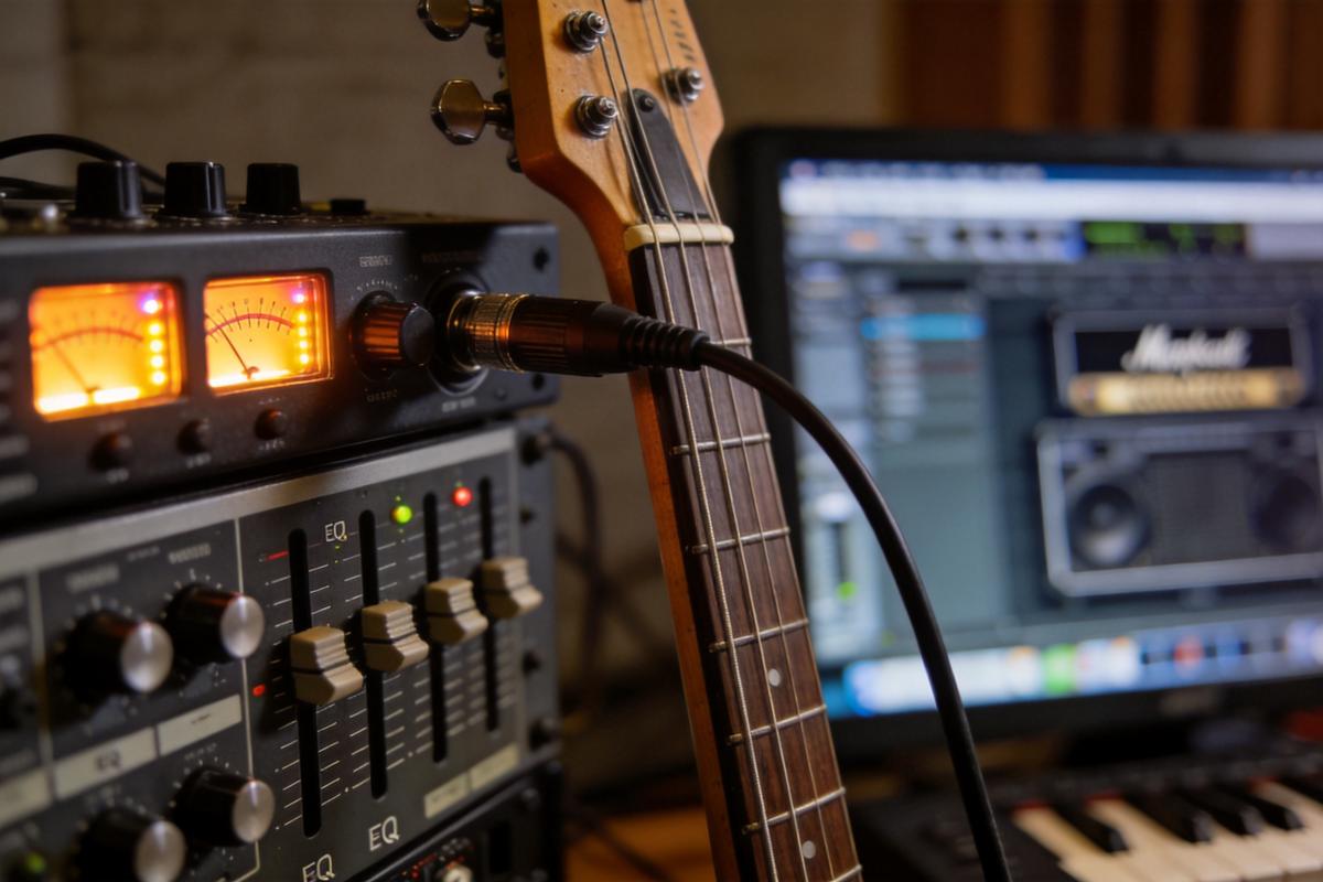 Nahaufnahme eines Basses, der an ein Audio-Mischpult angeschlossen ist