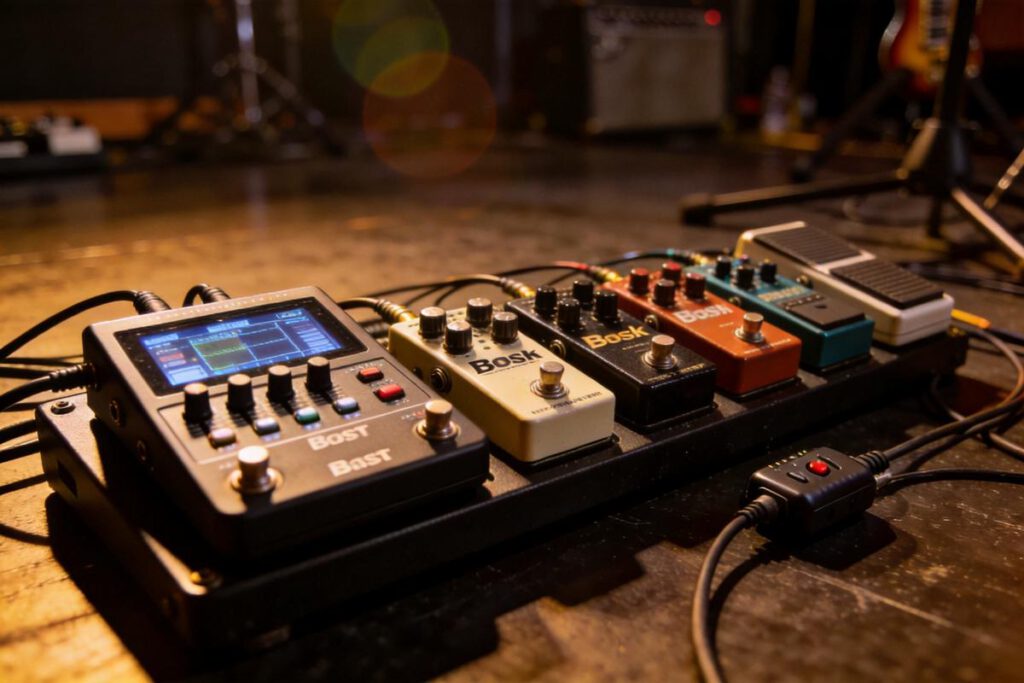 Eine Reihe von Effektpedalen für Bassgitarre auf einem Podest.
