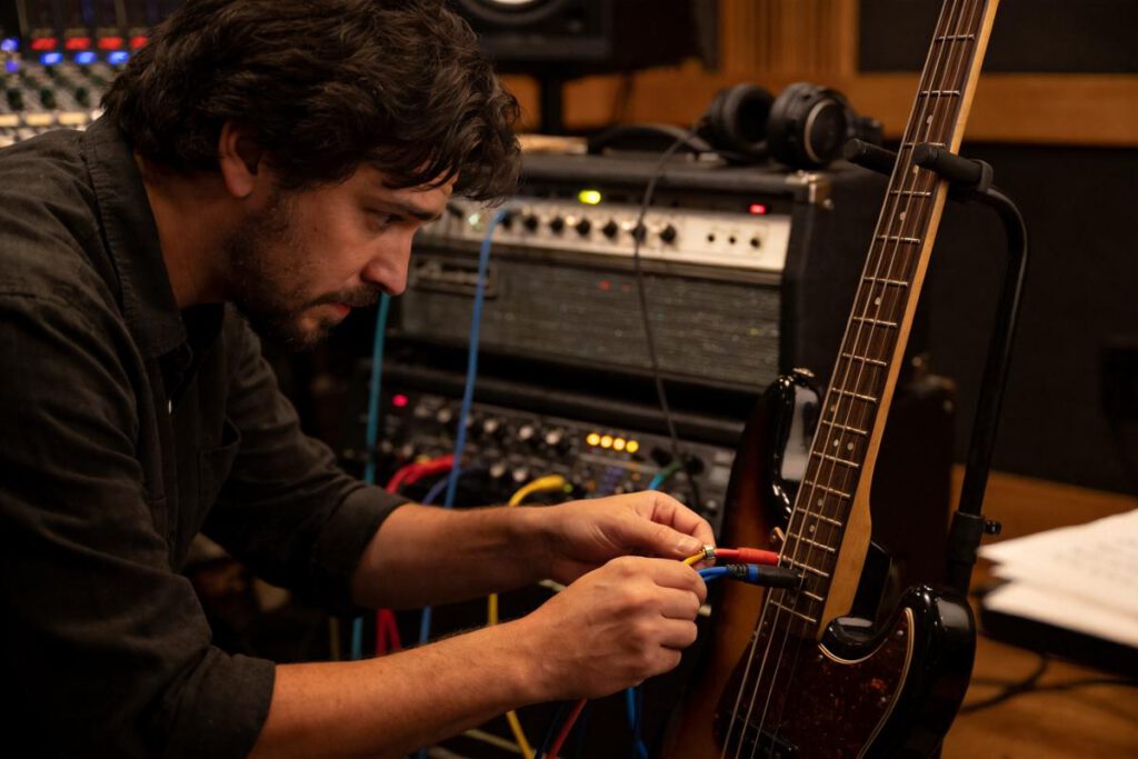Ein Musiker verbindet Kabel an eine Bassgitarre im Aufnahmestudio