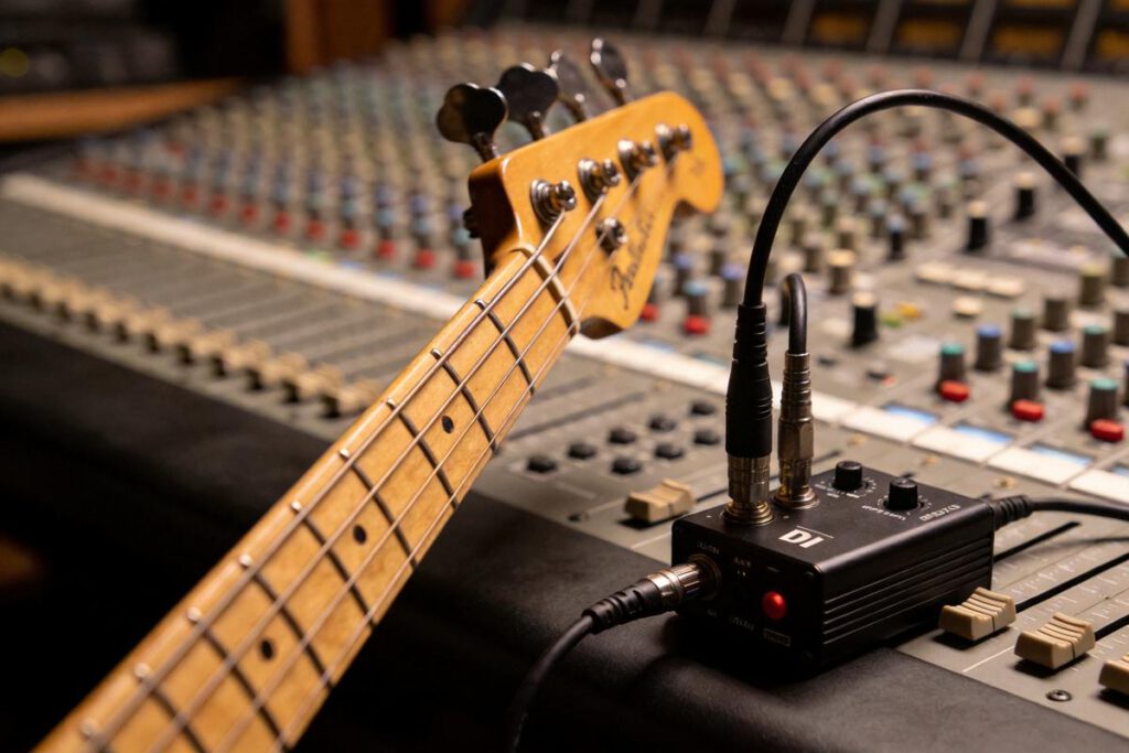 Nahaufnahme einer Bass-Gitarre, die mit einem Mischpult verbunden ist