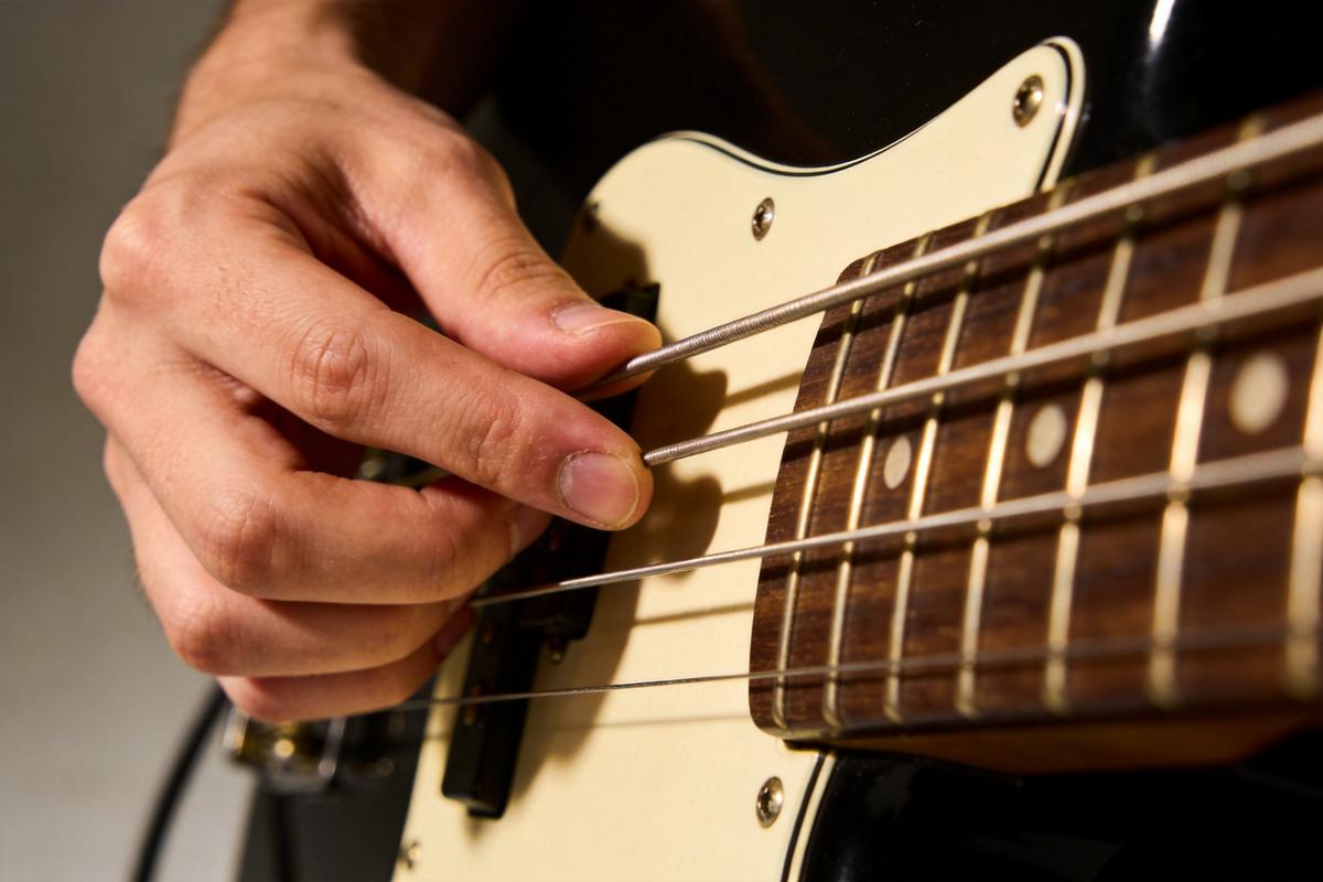 Nahaufnahme einer Hand, die eine Bassgitarre spielt, mit Blick auf Saiten und Hals.