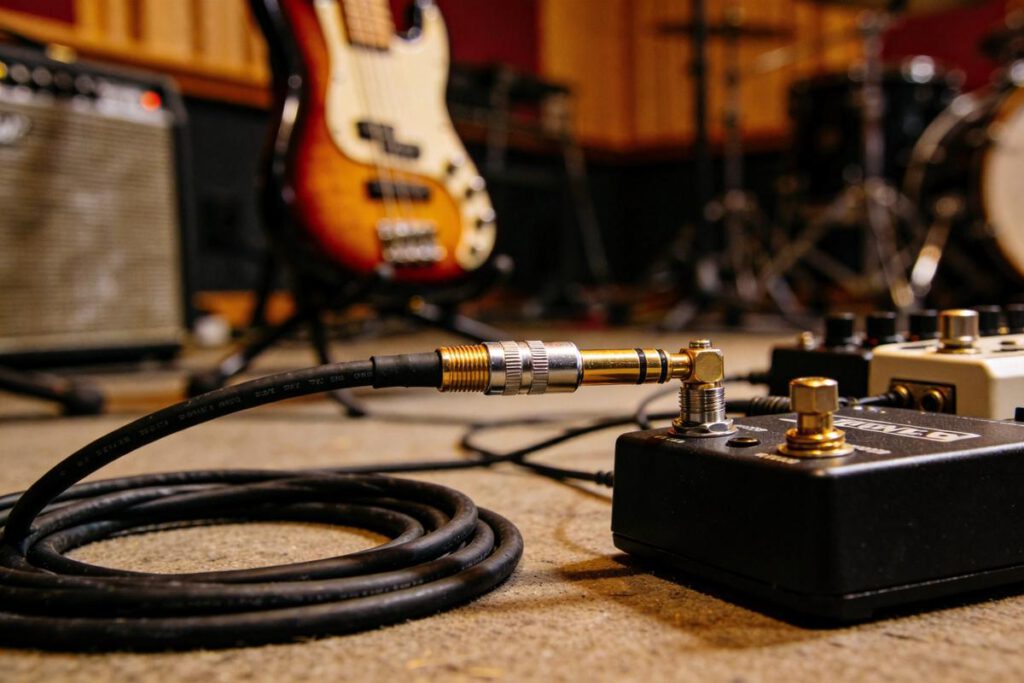 Nahaufnahme eines Effektpedals und einer Bass-Gitarre im Hintergrund