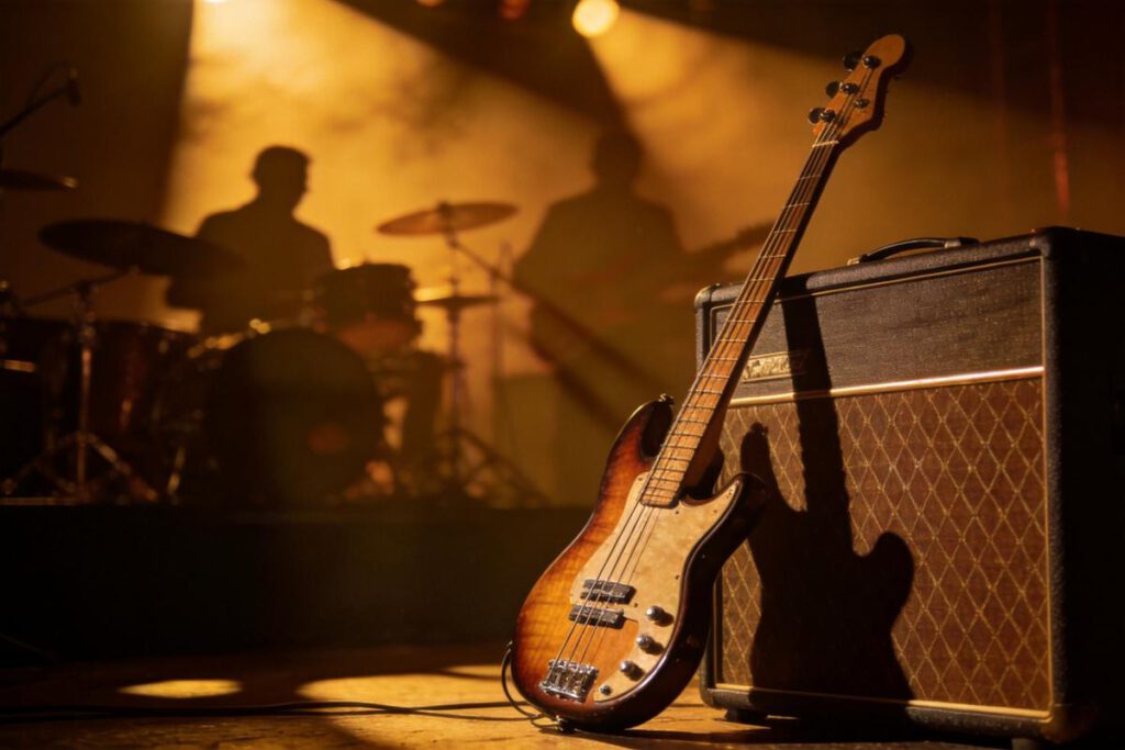 Ein Bass mit einem Verstärker auf einer Bühne bei einem Konzert.
