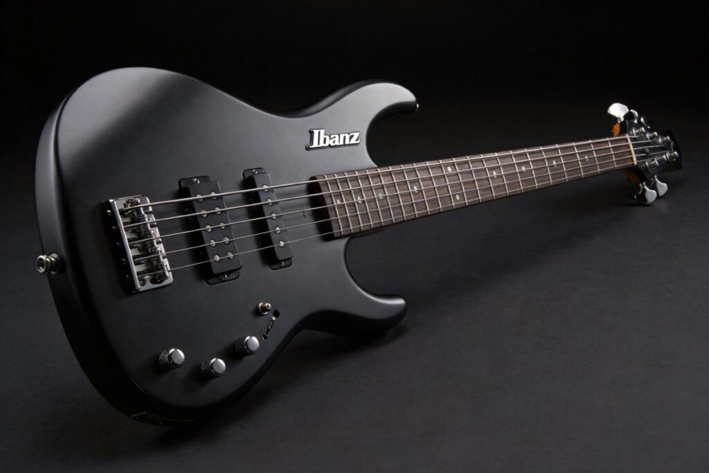 Mattschwarzer Ibanez E-Bass mit fünf Saiten und Pickups